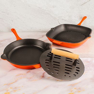 BergHOFF Neo 3 pc Cast Iron Fry Pan & Grill Pan Set with Slotted Steak Press