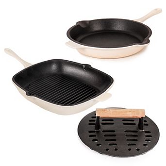 BergHOFF Neo 3 pc Cast Iron Fry Pan & Grill Pan Set with Slotted Steak Press