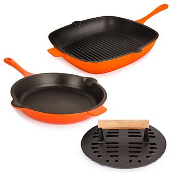 BergHOFF Neo 3 pc Cast Iron Fry Pan & Grill Pan Set with Slotted Steak Press