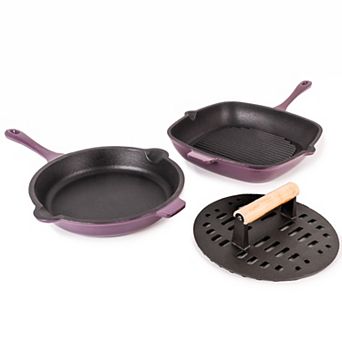 BergHOFF Neo 3 pc Cast Iron Fry Pan & Grill Pan Set with Slotted Steak Press