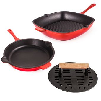 BergHOFF Neo 3 pc Cast Iron Fry Pan & Grill Pan Set with Slotted Steak Press