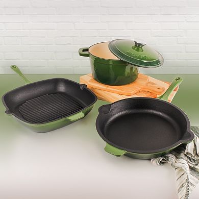 BergHOFF Neo 4 pc Cast Iron Cookware Set, Fry Pan, Grill Pan & Round Dutch Oven