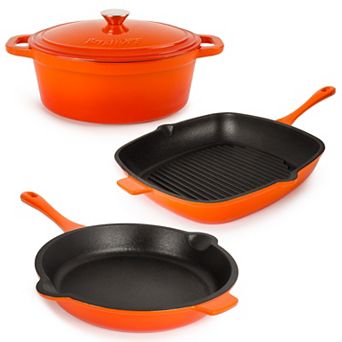 BergHOFF Neo 4 pc Cast Iron Cookware Set, Grill Pan, Fry Pan & Oval Dutch Oven