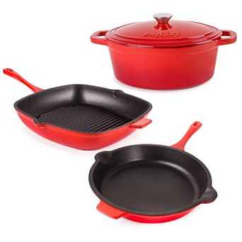 BergHOFF Neo 4 pc Cast Iron Cookware Set, Grill Pan, Fry Pan & Oval Dutch Oven
