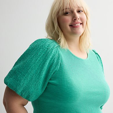 Plus Size Nine West Textured Puff Sleeve Ribbed Knit Top