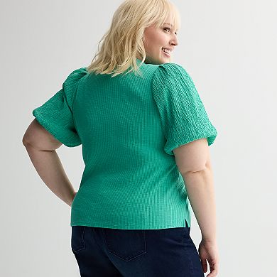 Plus Size Nine West Textured Puff Sleeve Ribbed Knit Top
