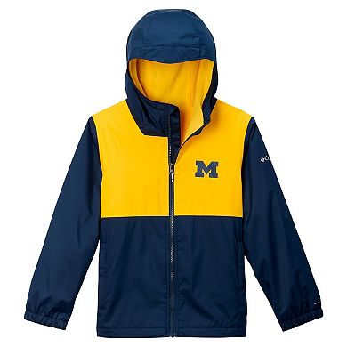Youth Columbia Navy Michigan Wolverines Rainy Fields Lined Omni-Tech Full-Zip Hoodie Jacket