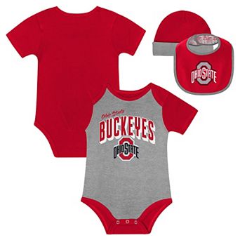 "Newborn & Infant Ohio State Buckeyes Dynamic Duo Bodysuit, Bib & Cuffed Knit Hat Set"