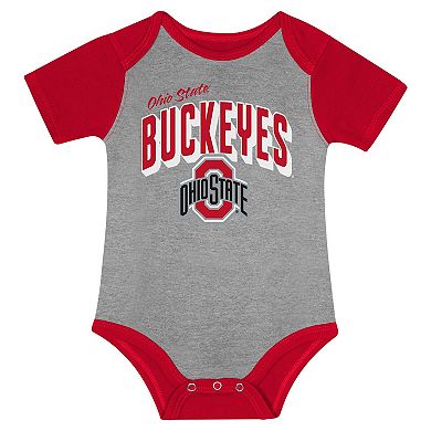 "Newborn & Infant Ohio State Buckeyes Dynamic Duo Bodysuit, Bib & Cuffed Knit Hat Set"