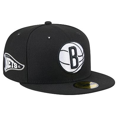 Men s New Era Black Brooklyn Nets Throwback Pennant 59FIFTY Fitted Hat