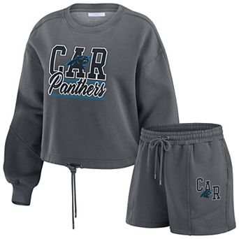 Women's WEAR by Erin Andrews Black Carolina Panthers Washed Fleece Long Sleeve T-Shirt & Shorts Lounge Set