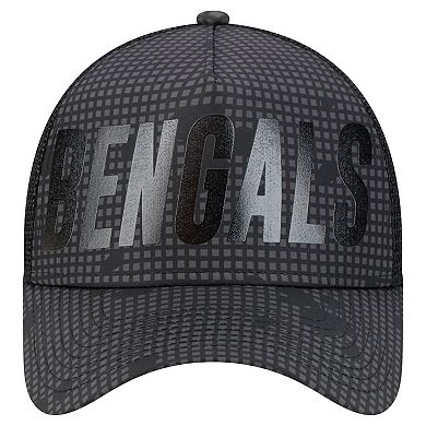 Men's New Era Black Cincinnati Bengals Midnight Ink Tonal Text A-Frame Trucker 9FORTY Adjustable Hat