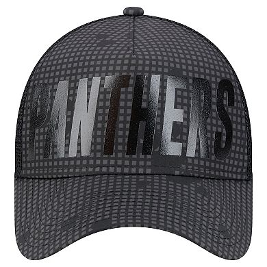 Men's New Era Black Carolina Panthers Midnight Ink Tonal Text A-Frame Trucker 9FORTY Adjustable Hat