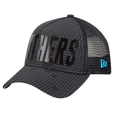 Men's New Era Black Carolina Panthers Midnight Ink Tonal Text A-Frame Trucker 9FORTY Adjustable Hat