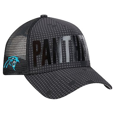 Men's New Era Black Carolina Panthers Midnight Ink Tonal Text A-Frame Trucker 9FORTY Adjustable Hat