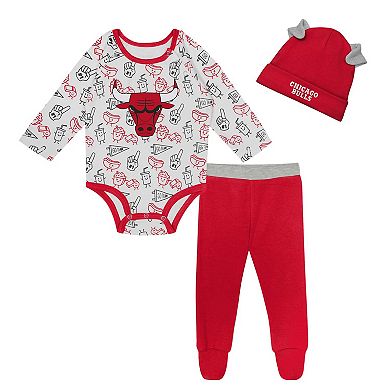 "Newborn & Infant Chicago Bulls Little Champ Long Sleeve Bodysuit, Pants & Cuffed Knit Hat 3-Piece Set"