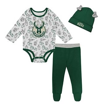 "Newborn & Infant Milwaukee Bucks Little Champ Long Sleeve Bodysuit, Pants & Cuffed Knit Hat 3 pc Set"