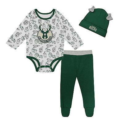 "Newborn & Infant Milwaukee Bucks Little Champ Long Sleeve Bodysuit, Pants & Cuffed Knit Hat 3-Piece Set"