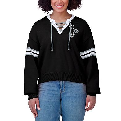 Women's WEAR by Erin Andrews Black Las Vegas Raiders Lace-Up Pullover Sweatshirt