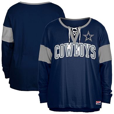 Women's New Era Navy Dallas Cowboys Plus Size Lace-Up Notch Neck Long Sleeve T-Shirt