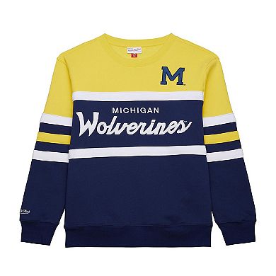 Men's Mitchell & Ness Navy Michigan Wolverines Vintage Logo Head Coach Fleece Pullover Sweatshirt
