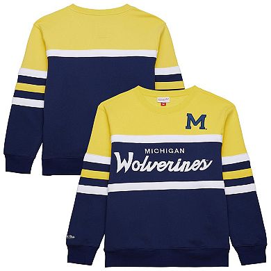 Men's Mitchell & Ness Navy Michigan Wolverines Vintage Logo Head Coach Fleece Pullover Sweatshirt