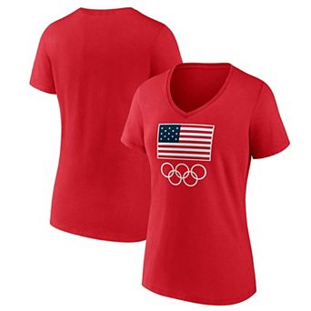 Women's Fanatics Red Team USA Flag and Rings V-Neck T-Shirt