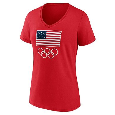 Women's Fanatics Red Team USA Flag and Rings V-Neck T-Shirt