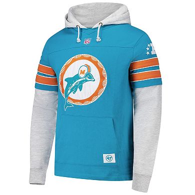 Men's '47 Aqua Miami Dolphins Double Header Blitz Throwback Cornerback Pullover Hoodie