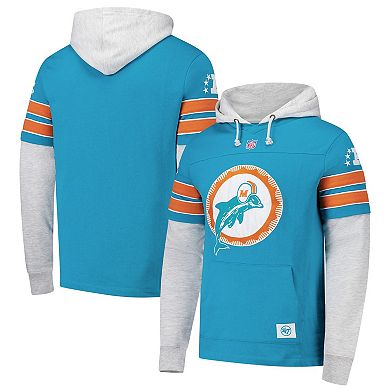 Men's '47 Aqua Miami Dolphins Double Header Blitz Throwback Cornerback Pullover Hoodie
