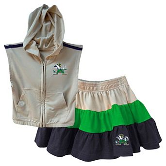 Girls Toddler Wes & Willy Tan Notre Dame Fighting Irish Tri-Blend Sleeveless Full-Zip Hoodie & Tiered Skirt Set