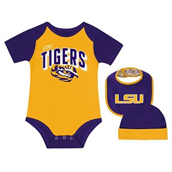 "Newborn & Infant LSU Tigers Dynamic Duo Bodysuit, Bib & Cuffed Knit Hat Set"