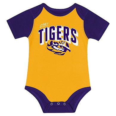 "Newborn & Infant LSU Tigers Dynamic Duo Bodysuit, Bib & Cuffed Knit Hat Set"