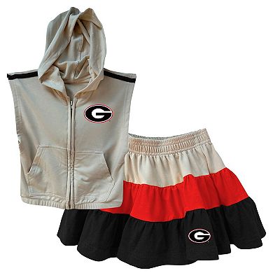 Girls Toddler Wes & Willy Tan Georgia Bulldogs Tri-Blend Sleeveless Full-Zip Hoodie & Tiered Skirt Set