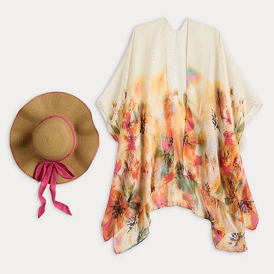 Women's Nine West 2-Piece Floral Topper and Wavy Straw Hat Set
