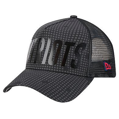 Men's New Era Black New England Patriots Midnight Ink Tonal Text A-Frame Trucker 9FORTY Adjustable Hat