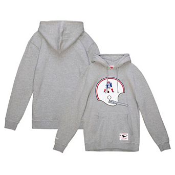Men's Mitchell & Ness Heather Gray New England Patriots Helmet Logo Vintage Pullover Hoodie