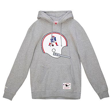 Men's Mitchell & Ness Heather Gray New England Patriots Helmet Logo Vintage Pullover Hoodie