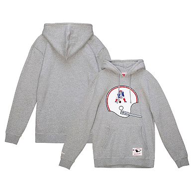 Men's Mitchell & Ness Heather Gray New England Patriots Helmet Logo Vintage Pullover Hoodie