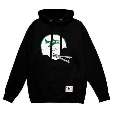 Men's Mitchell & Ness Black New York Jets Helmet Logo Vintage Pullover Hoodie