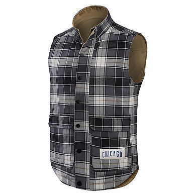 Men's Darius Rucker Collection by Fanatics Tan/Charcoal Chicago Cubs Reversible Canvas & Plaid Patch Full-Zip Vest