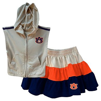 Girls Toddler Wes & Willy Tan Auburn Tigers Tri-Blend Sleeveless Full-Zip Hoodie & Tiered Skirt Set