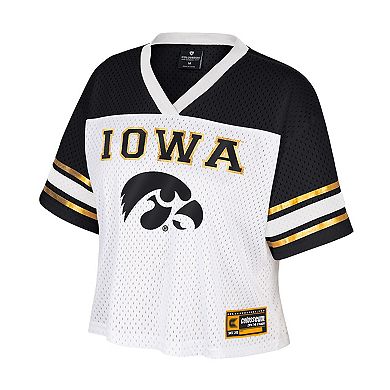 Women's Colosseum White Iowa Hawkeyes Treasure Cropped Football Jersey