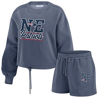 Women's WEAR by Erin Andrews Navy New England Patriots Washed Fleece Long Sleeve T-Shirt & Shorts Lounge Set