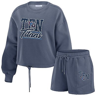 Women's WEAR by Erin Andrews Navy Tennessee Titans Washed Fleece Long Sleeve T-Shirt & Shorts Lounge Set