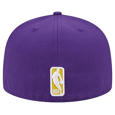 Men's New Era Purple Los Angeles Lakers Sport Night Script Sided 59FIFTY Fitted Hat