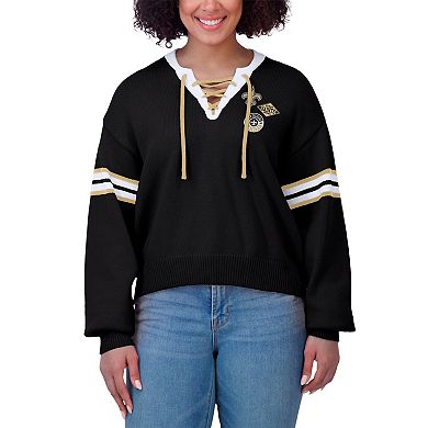 Women's WEAR by Erin Andrews Black New Orleans Saints Lace-Up Pullover Sweatshirt