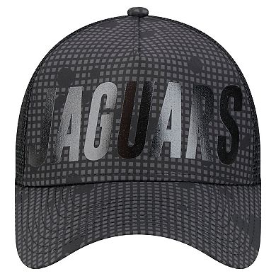Men's New Era Black Jacksonville Jaguars Midnight Ink Tonal Text A-Frame Trucker 9FORTY Adjustable Hat