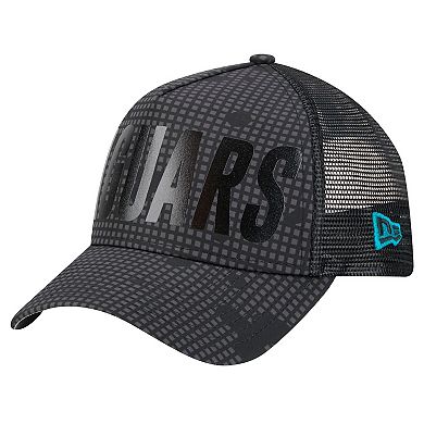 Men's New Era Black Jacksonville Jaguars Midnight Ink Tonal Text A-Frame Trucker 9FORTY Adjustable Hat