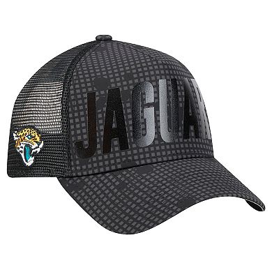 Men's New Era Black Jacksonville Jaguars Midnight Ink Tonal Text A-Frame Trucker 9FORTY Adjustable Hat